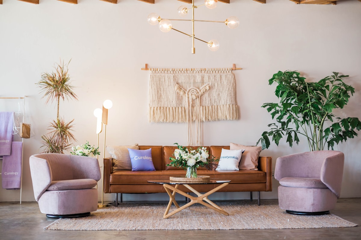 Complete mid-century modern living room with sofa, coffee table, and floor lamp