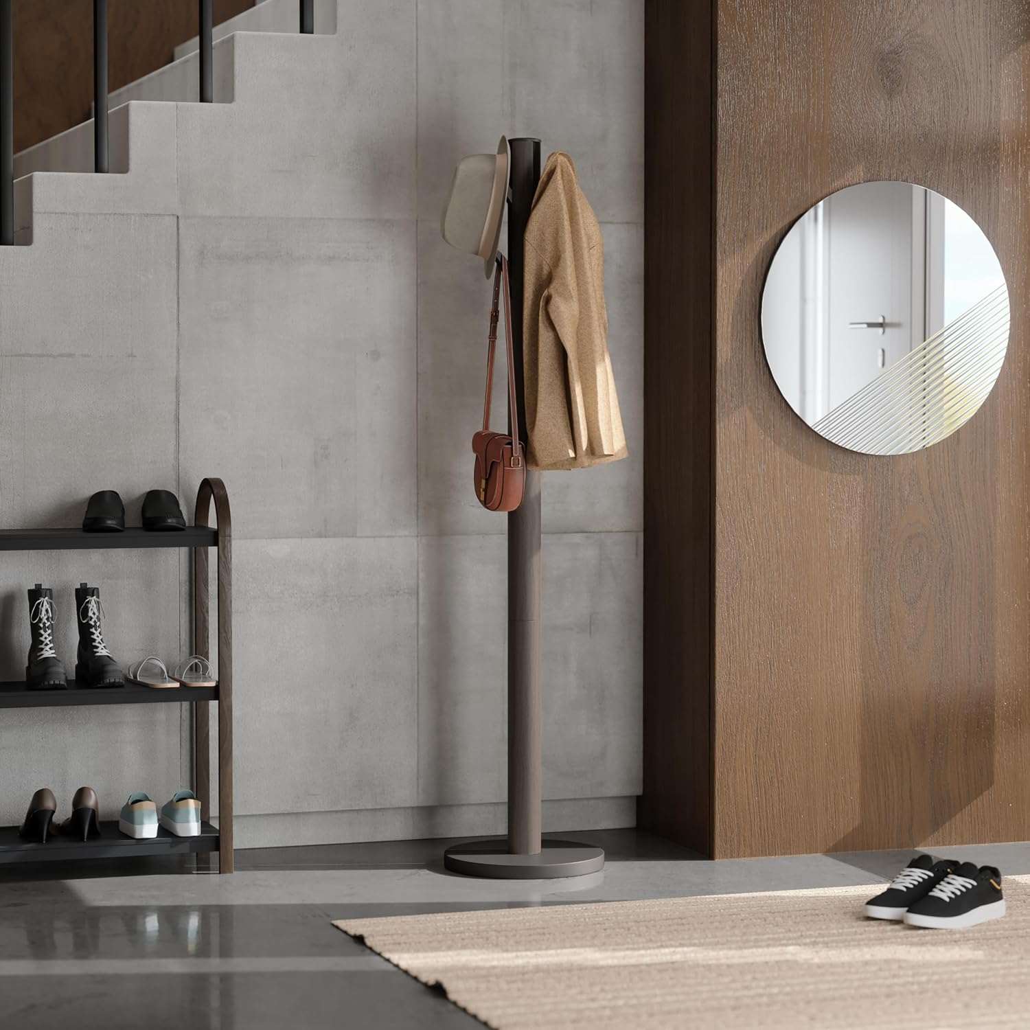 Flapper coat rack in a modern entryway with hat, coat, and bag