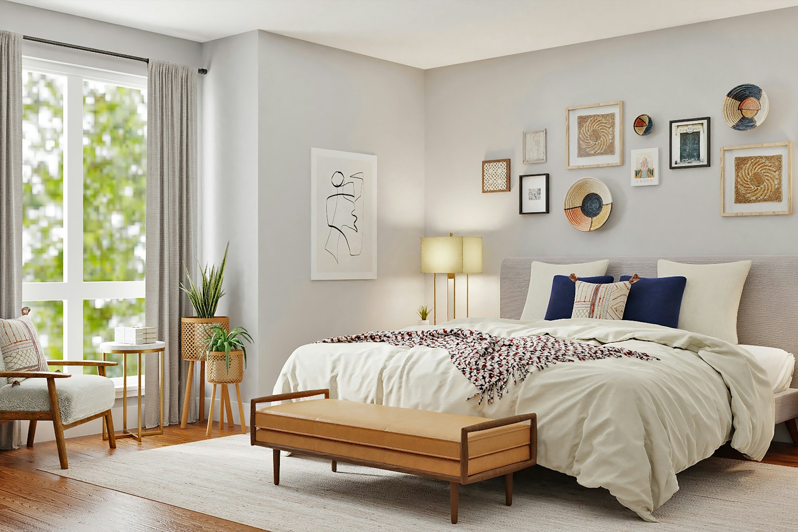 A mid-century modern bedroom with a walnut leather bench, brass tripod lamps, and a gallery wall